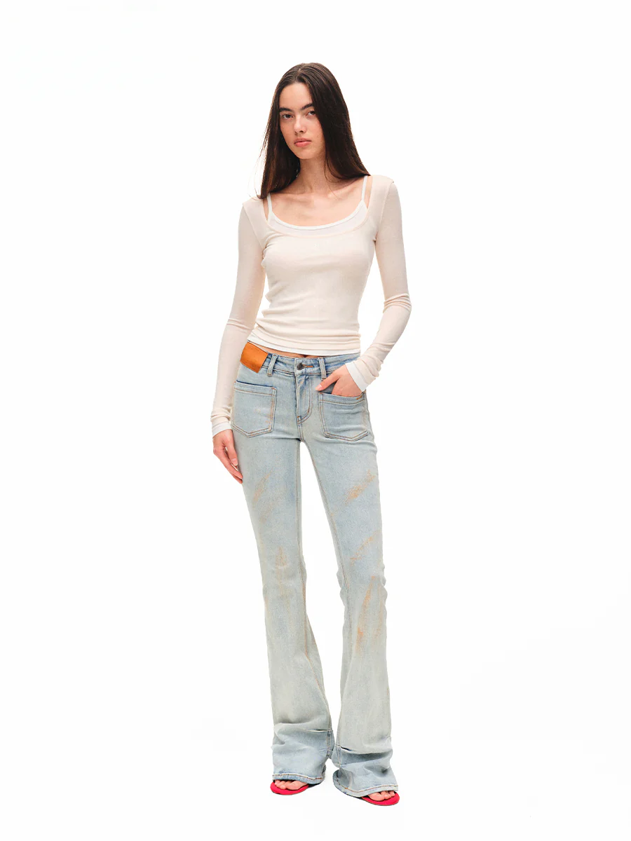 Washed Low-waist High-stretch Micro-flare Jeans