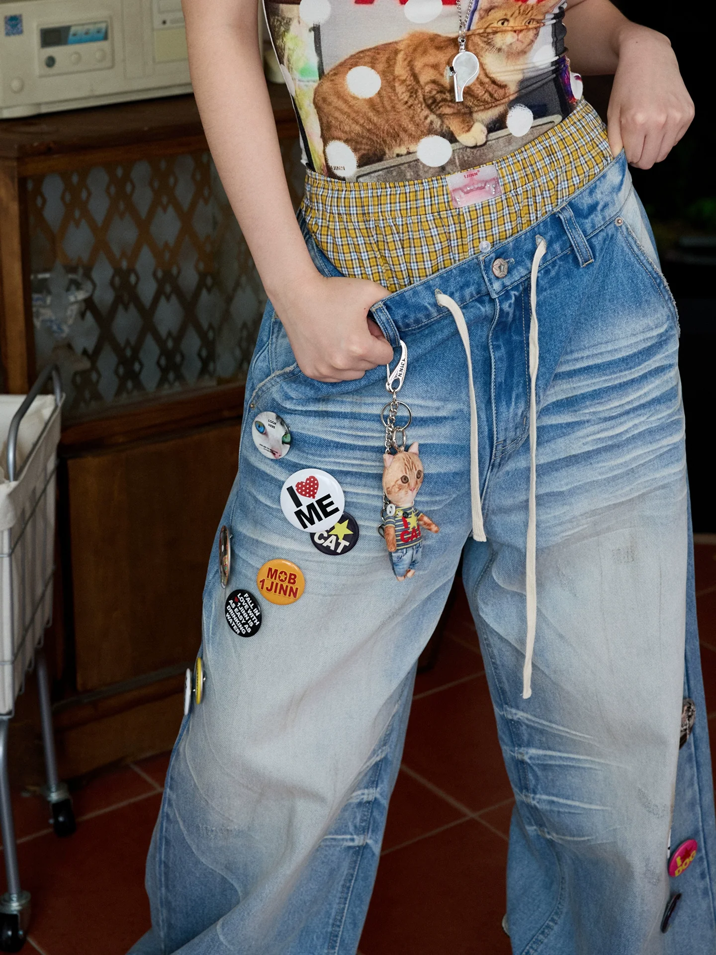 Light Blue Mud-Dyed Badge Wide-Leg Jeans