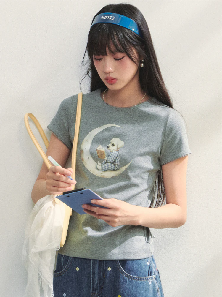 Grey Printed Slim-Fit Knit T-Shirt