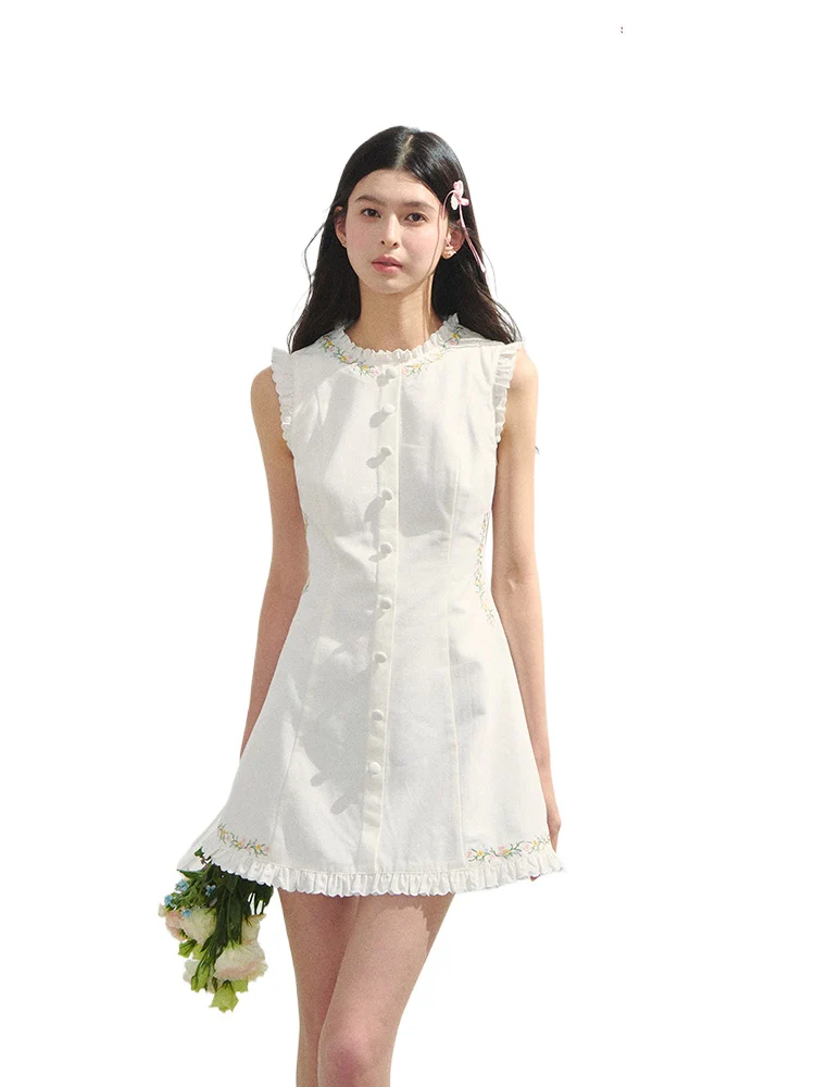 Embroidered Floral Waist-Tie Dress