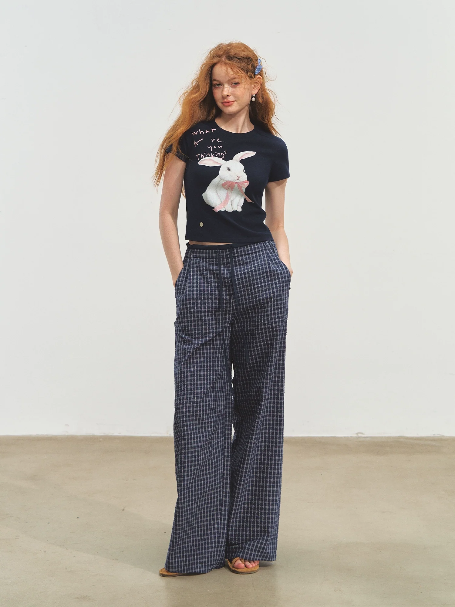 Double-layer Waistband Checkered Drawstring Pants