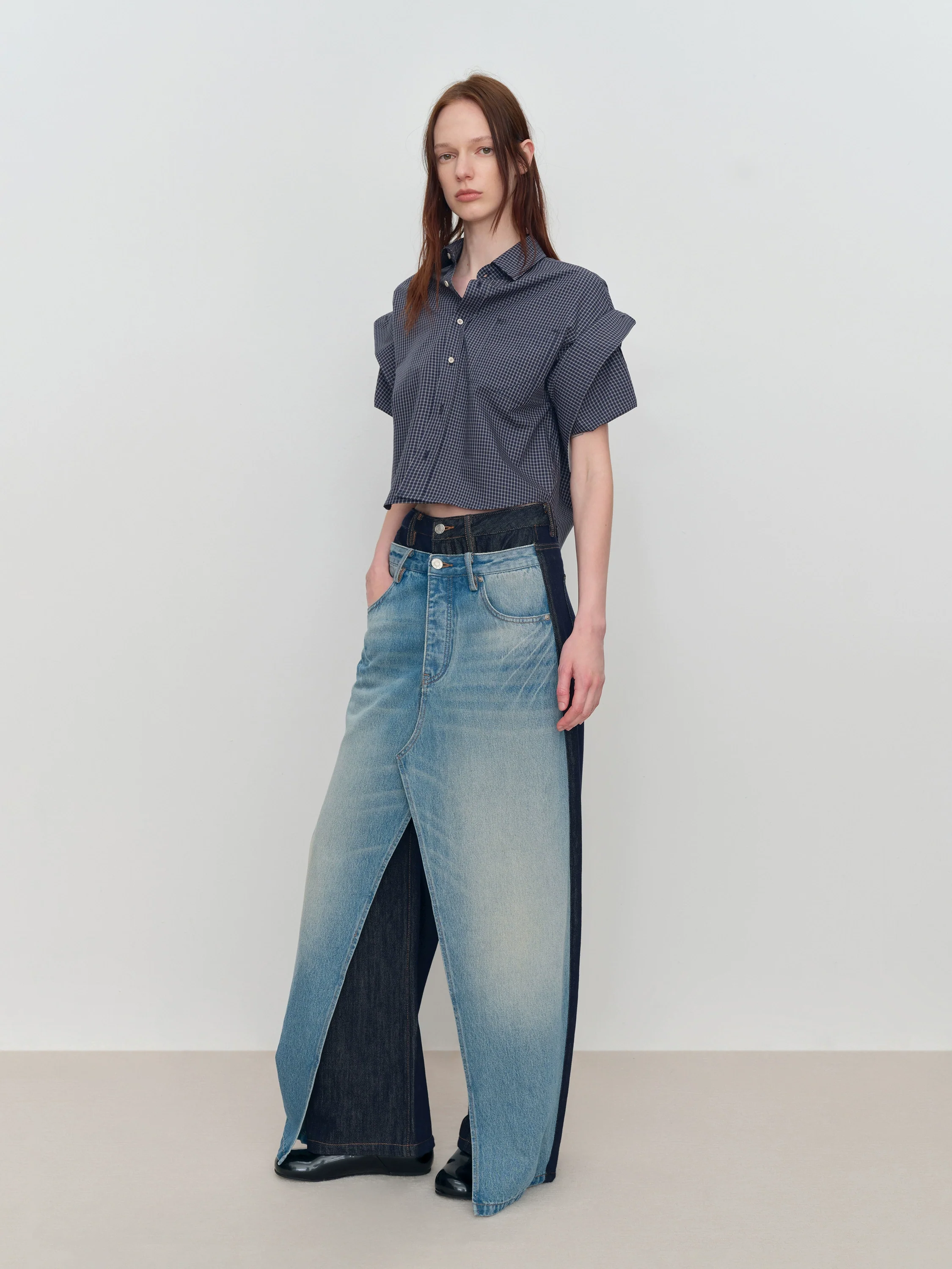 Spliced Fake Two-Piece Wide-Leg Jeans