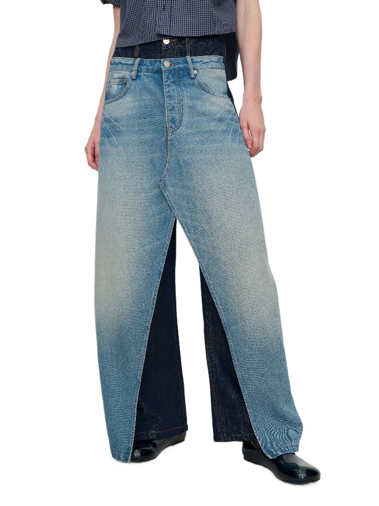 Spliced Fake Two-Piece Wide-Leg Jeans