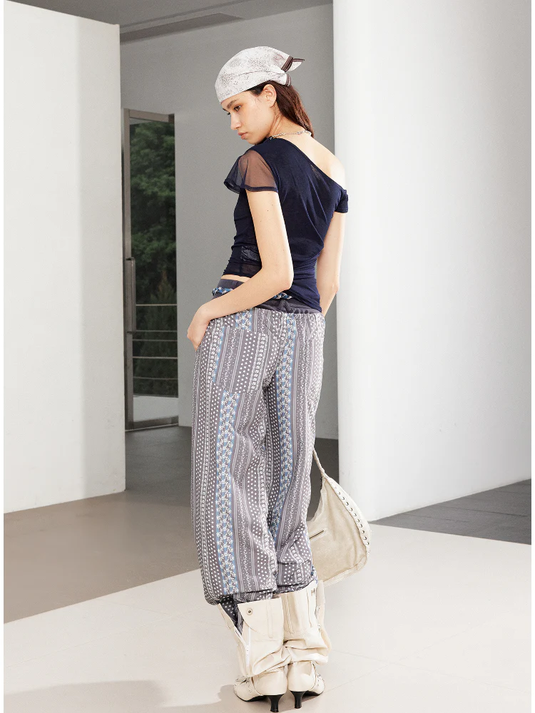 Printed Spliced Low-Waist Striped Wide-Leg Pants