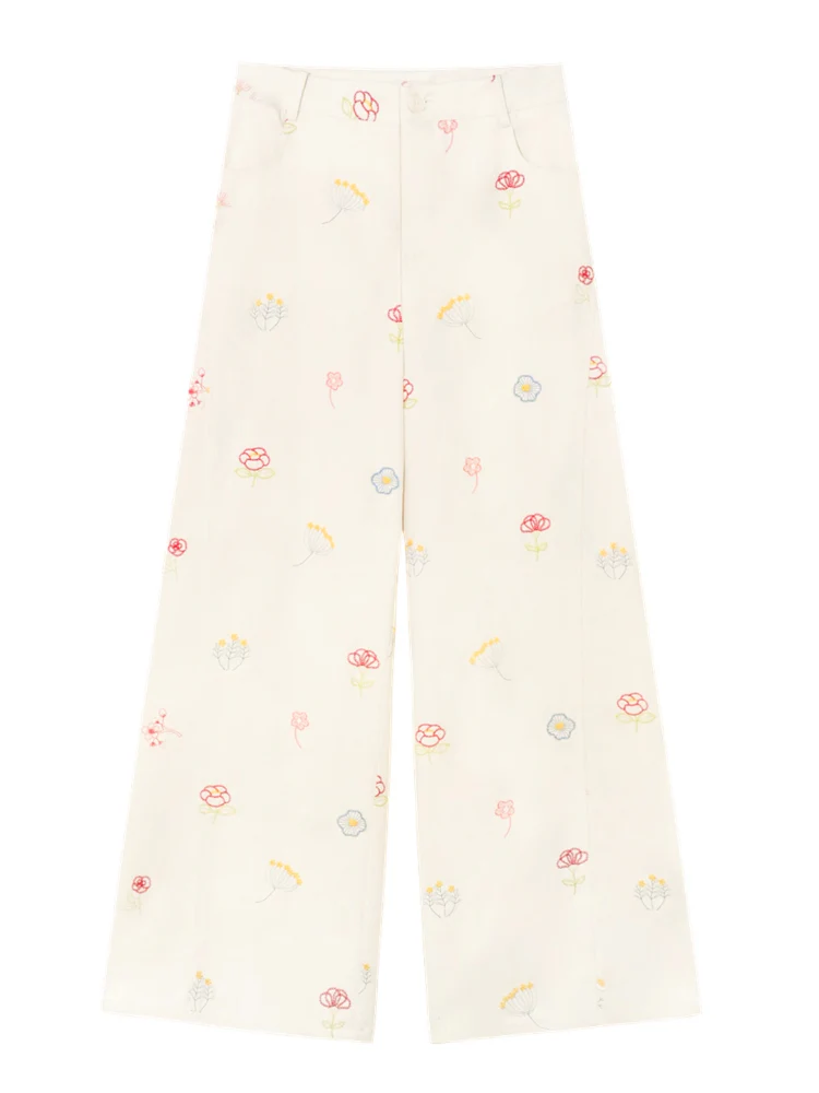 Floral Embroidered Casual Straight-leg Pants