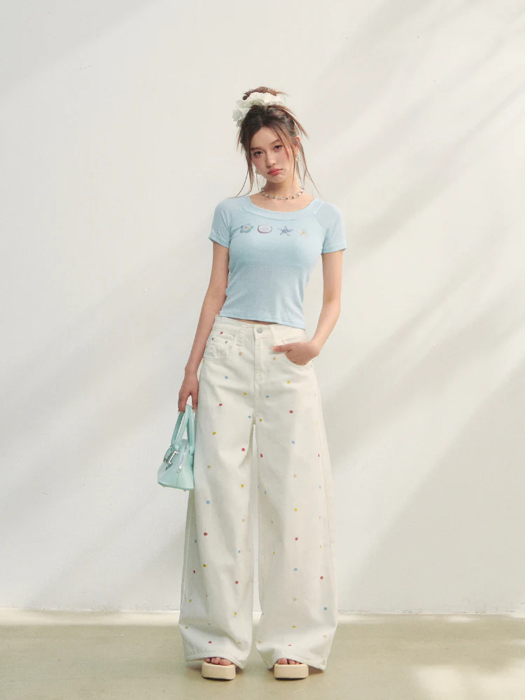 Crew Neck Printed Backless Embroidered T-Shirt