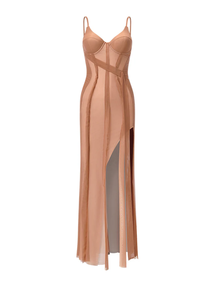High-Split Patchwork Spaghetti Strap Dress