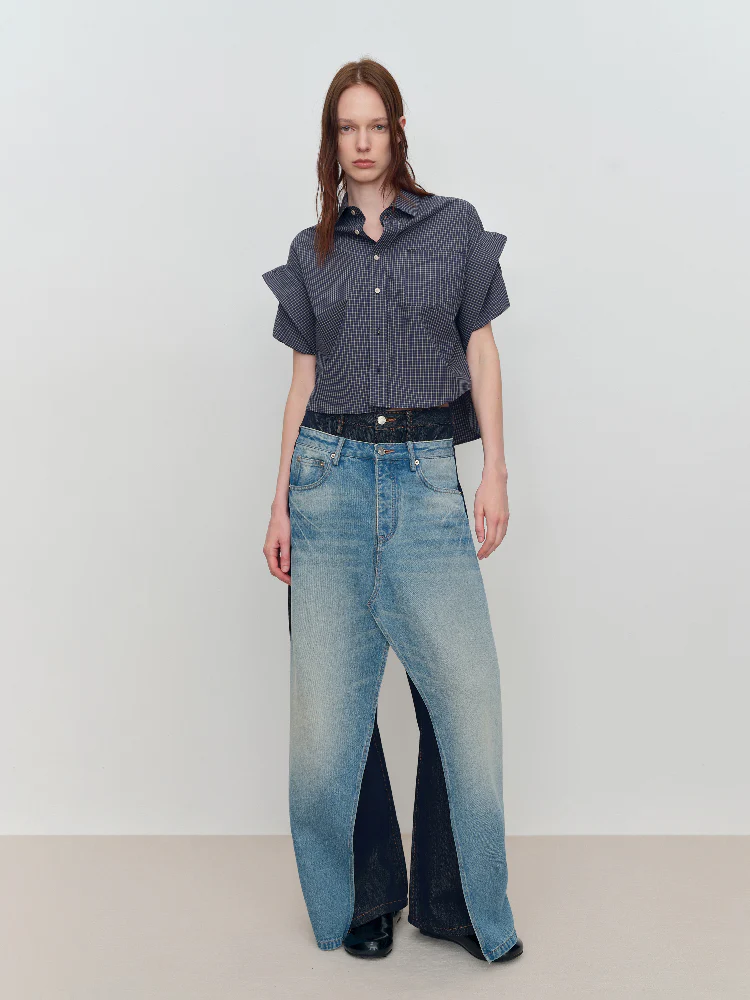 Spliced Fake Two-Piece Wide-Leg Jeans