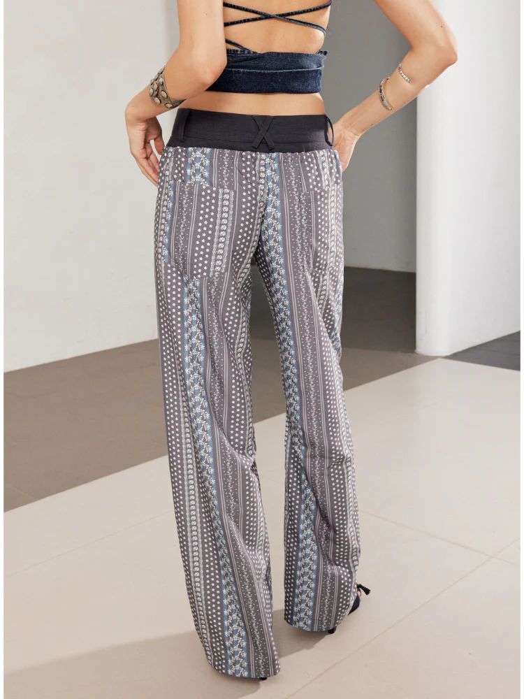 Printed Spliced Low-Waist Striped Wide-Leg Pants