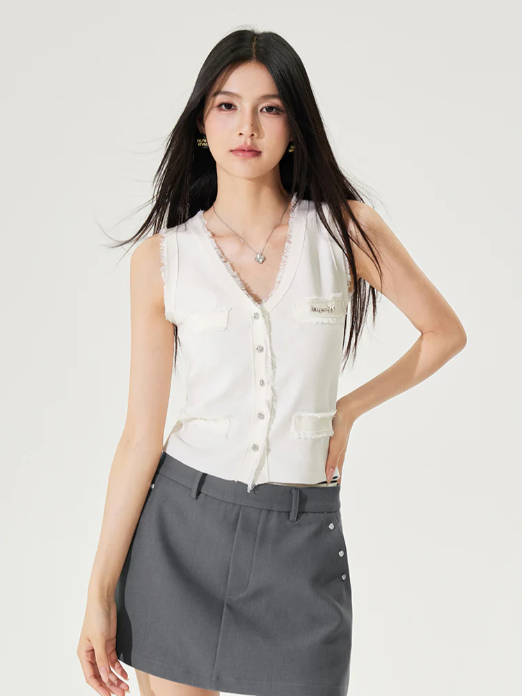 Lyocell V-Neck Raw-edge Ice-silk Vest