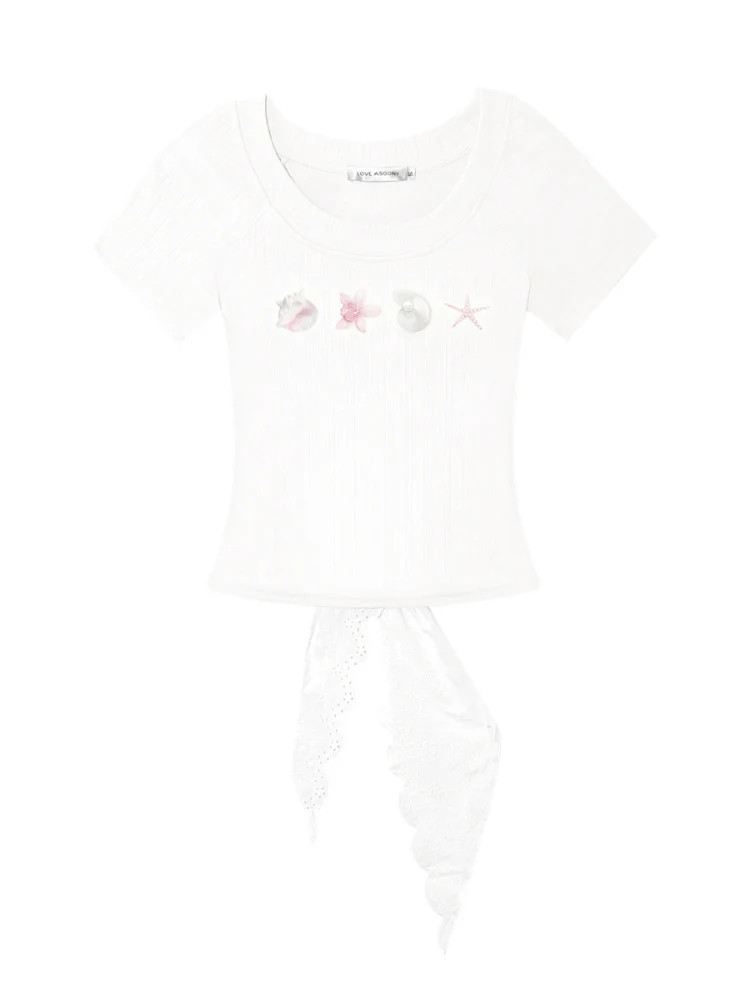 Crew Neck Printed Backless Embroidered T-Shirt