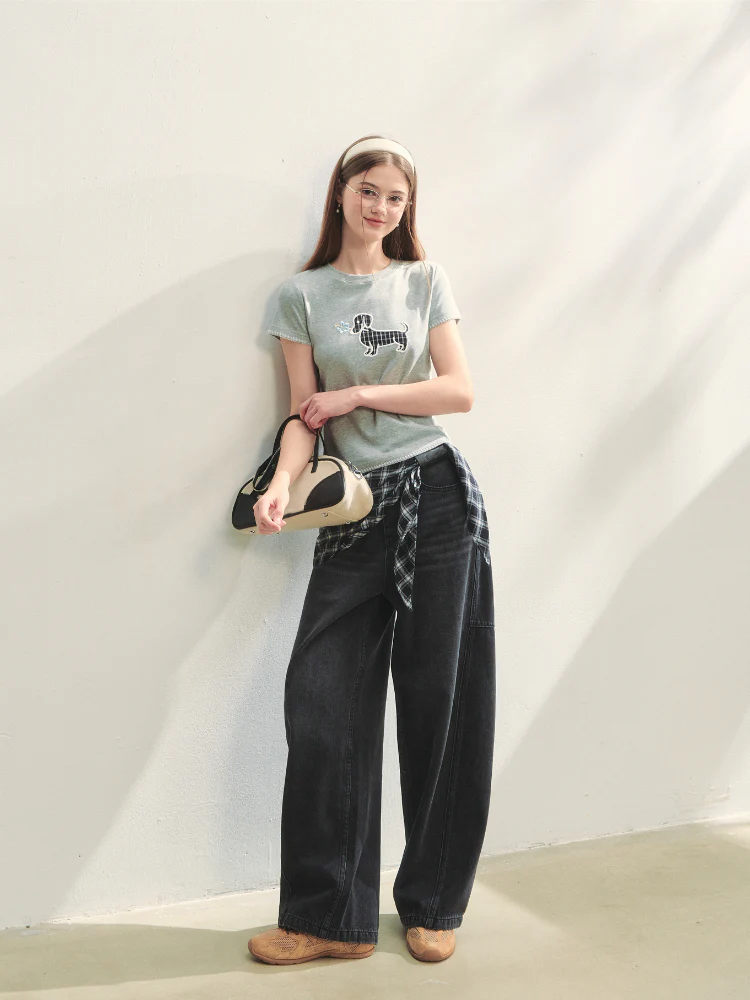 Checked Panel Tie-Waist Jeans