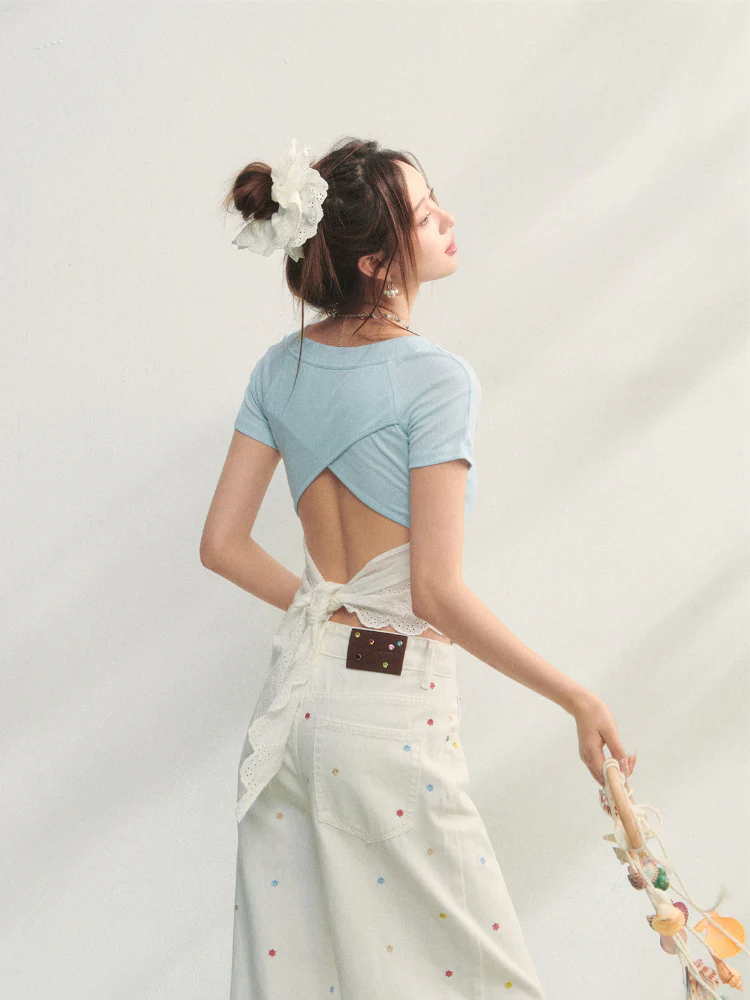 Crew Neck Printed Backless Embroidered T-Shirt