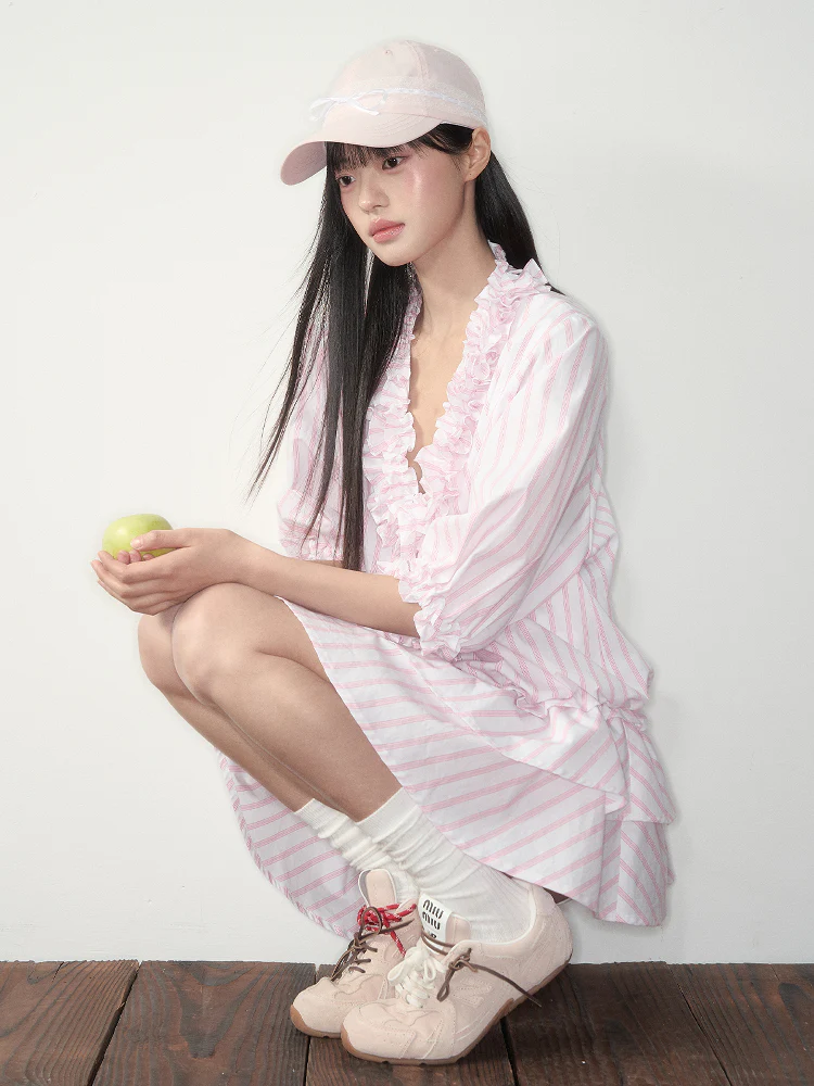 Pink Striped Relaxed Ruffle Dress