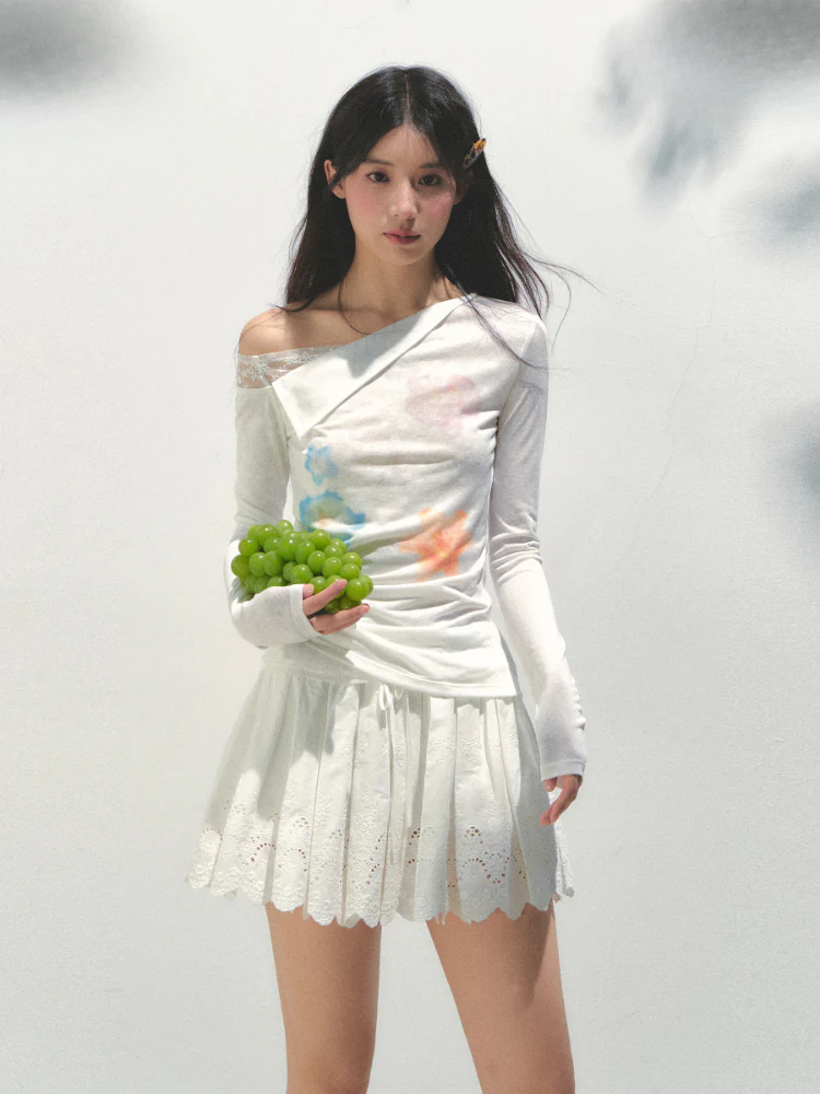 Lyocell Asymmetric Shoulder Long-sleeve T-shirt