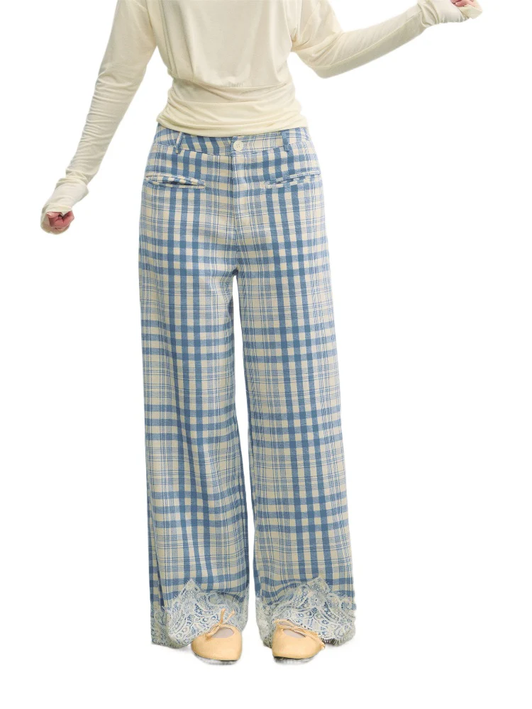 Lace Panel Checked Straight-Leg Pants