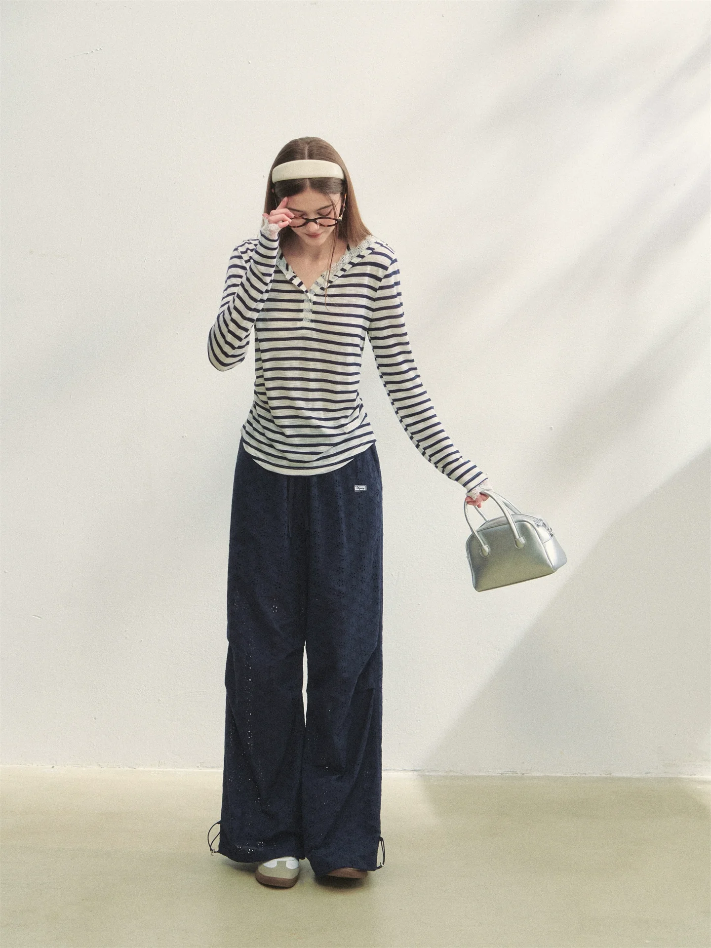 Hollow Embroidery Tie-up Casual Pants