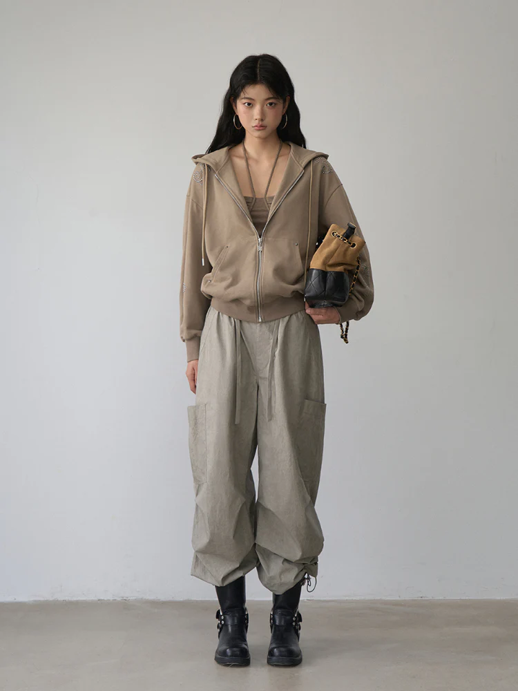 Gray 3D Pockets Wide-leg Pants