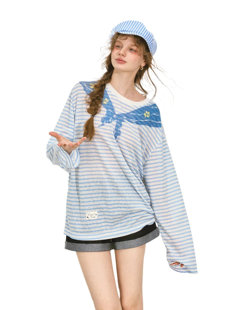 Navy Collar Printed Striped Long-Sleeve T-Shirt
