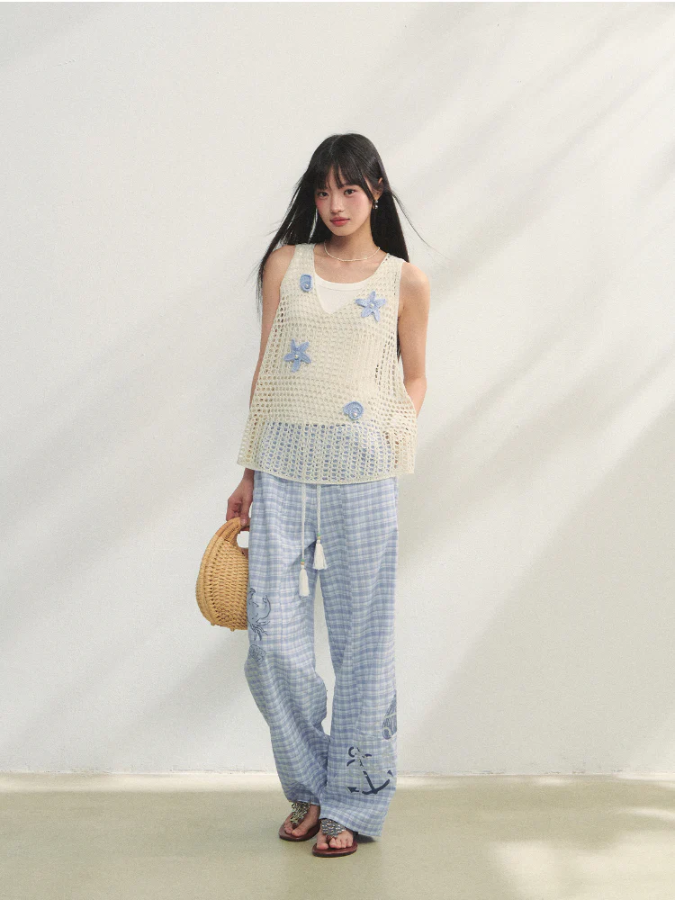Checkered Print High-Waist Tie Pants