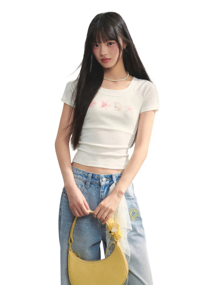 Crew Neck Printed Backless Embroidered T-Shirt