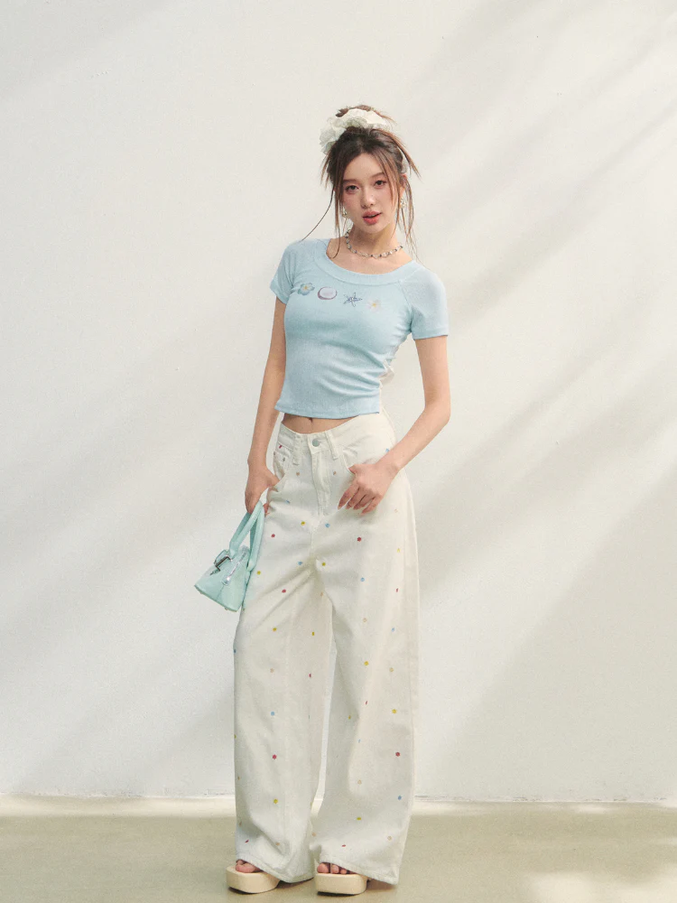 Crew Neck Printed Backless Embroidered T-Shirt