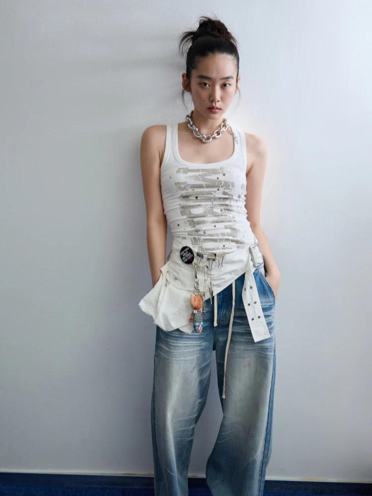 Light Blue Mud-Dyed Badge Wide-Leg Jeans