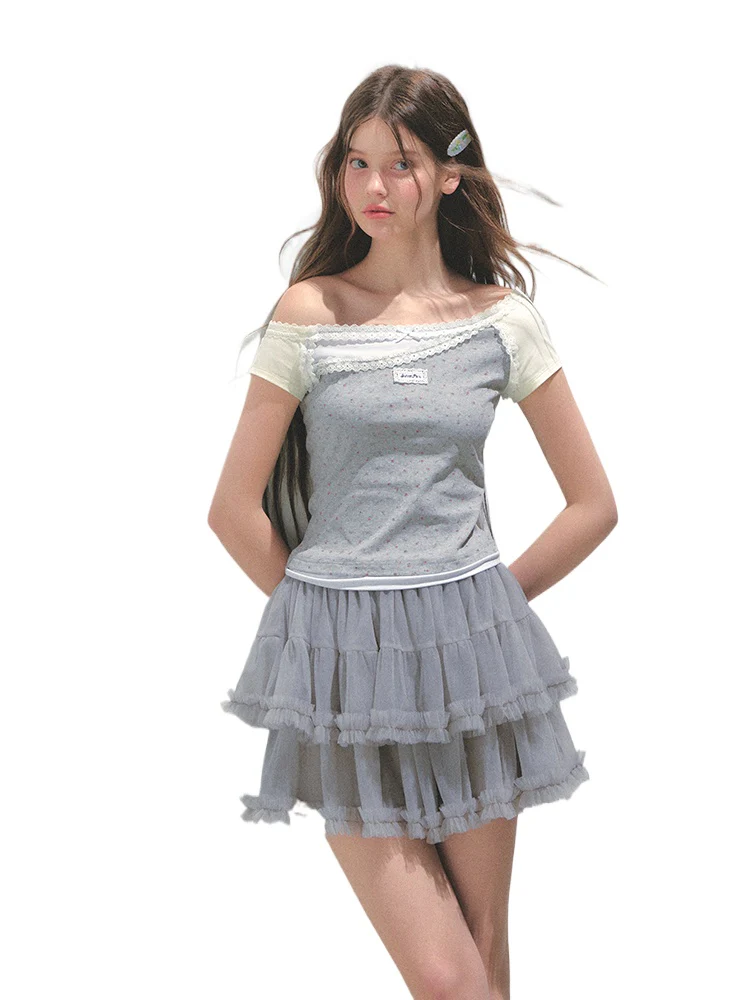 Off-shoulder Fake Three-piece Asymmetric Shoulder T - shirt