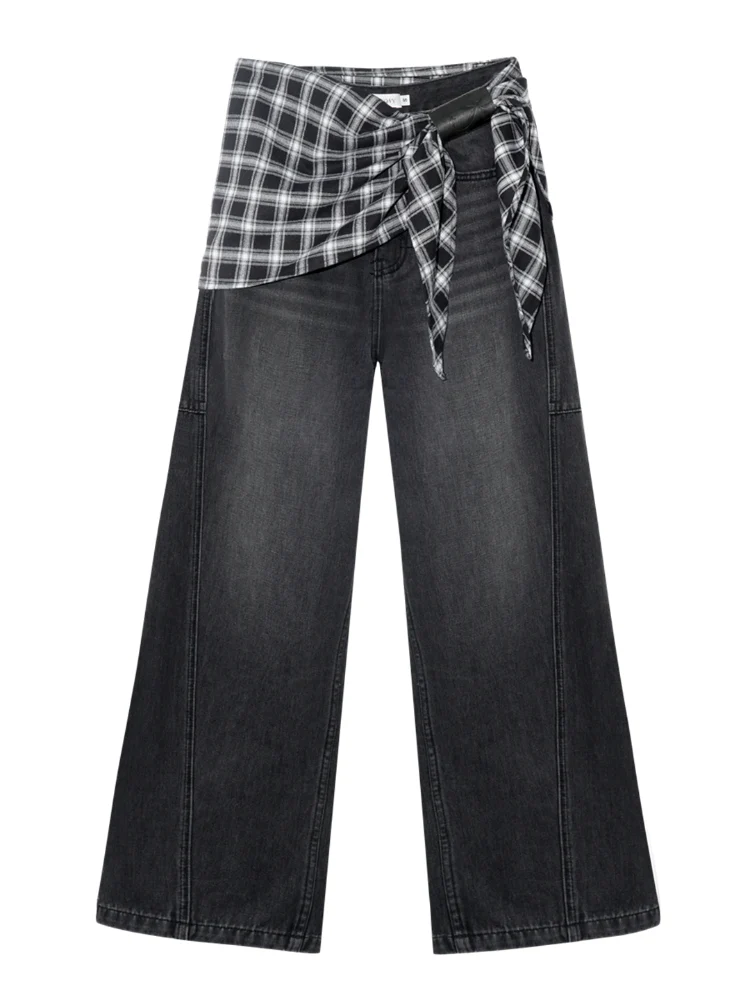 Checked Panel Tie-Waist Jeans
