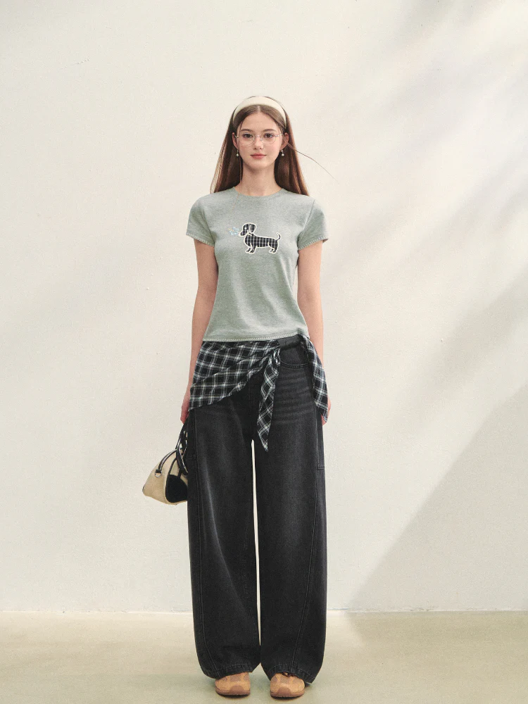 Checked Panel Tie-Waist Jeans