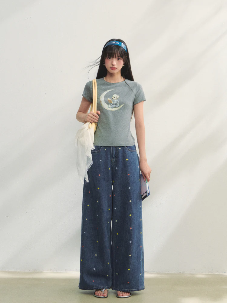 Grey Printed Slim-Fit Knit T-Shirt