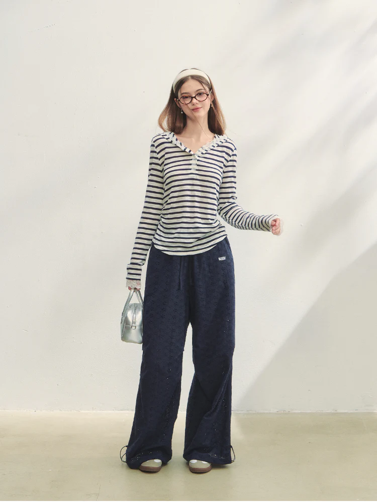 Hollow Embroidery Tie-up Casual Pants