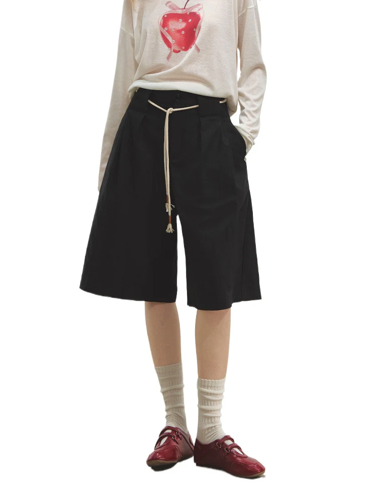 Three-dimensional Pleated Wide-leg Knee-length Shorts