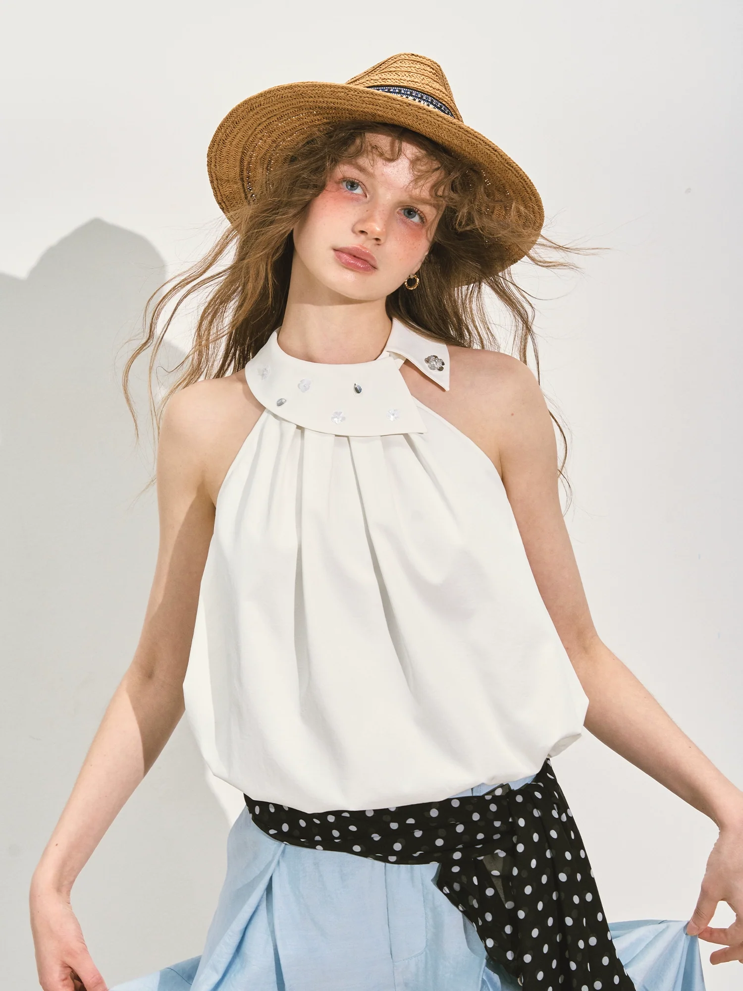 Halter Neck Off-Shoulder Crinkled Sleeveless Top