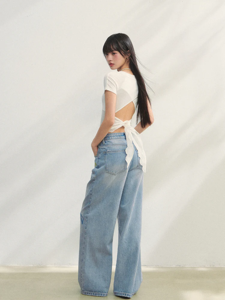 Crew Neck Printed Backless Embroidered T-Shirt