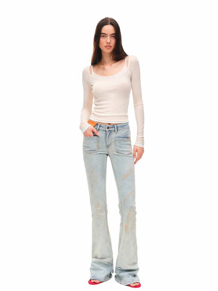 Washed Low-waist High-stretch Micro-flare Jeans