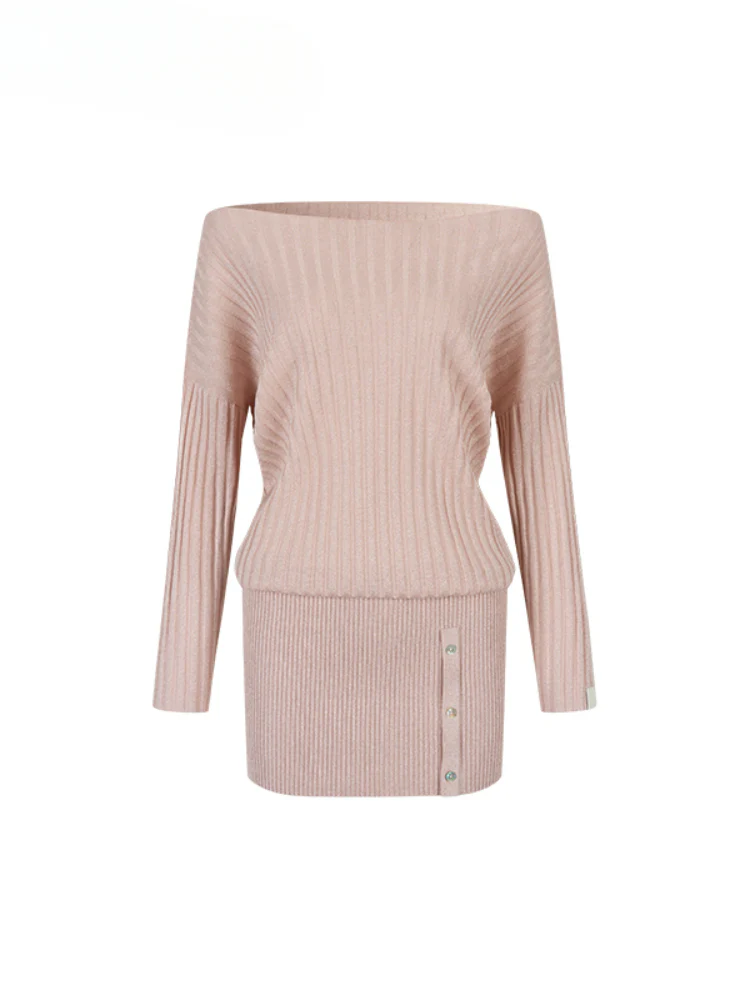 Off-Shoulder Slant Shoulder Button Dress