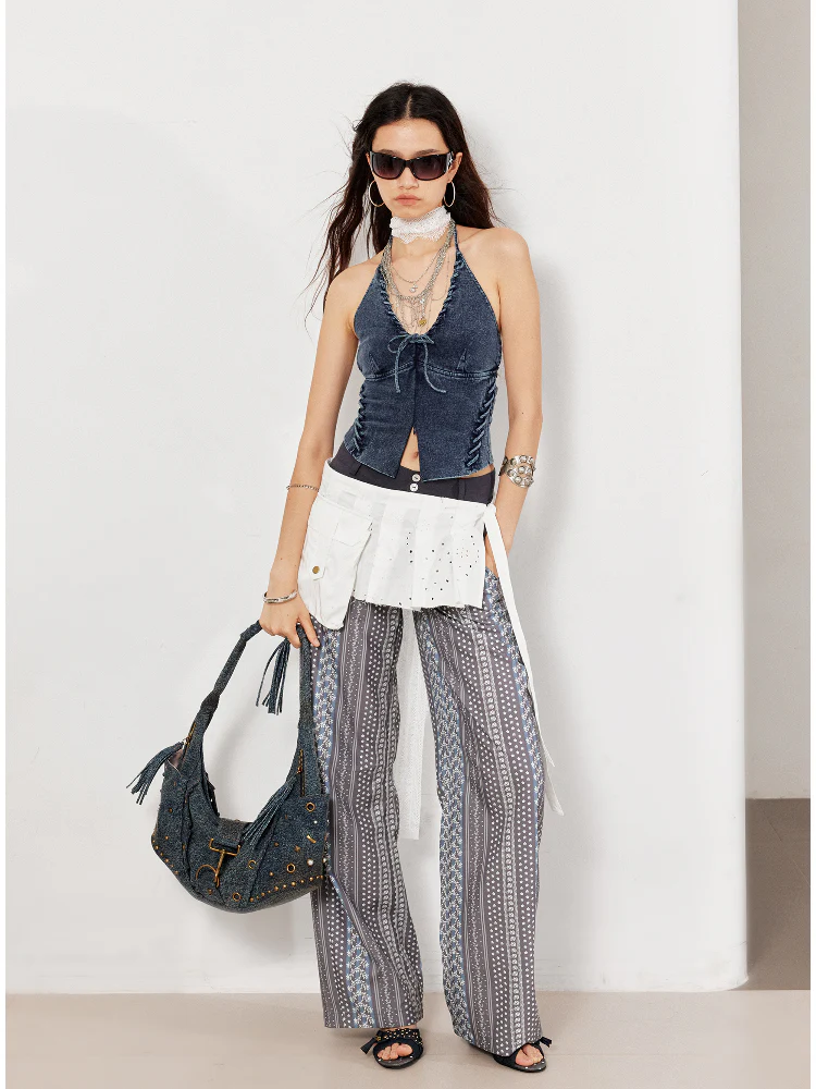 Printed Spliced Low-Waist Striped Wide-Leg Pants