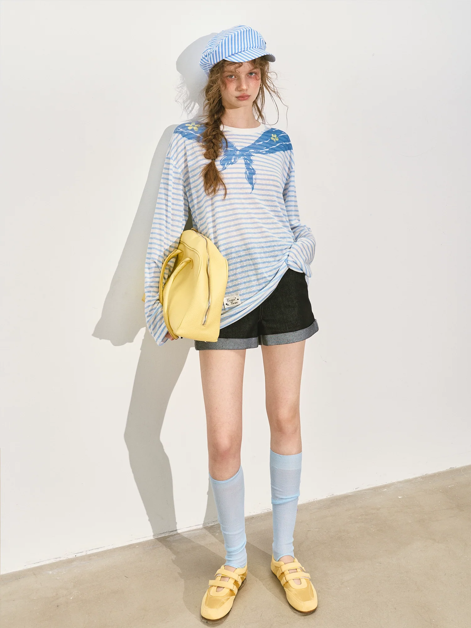 Navy Collar Printed Striped Long-Sleeve T-Shirt