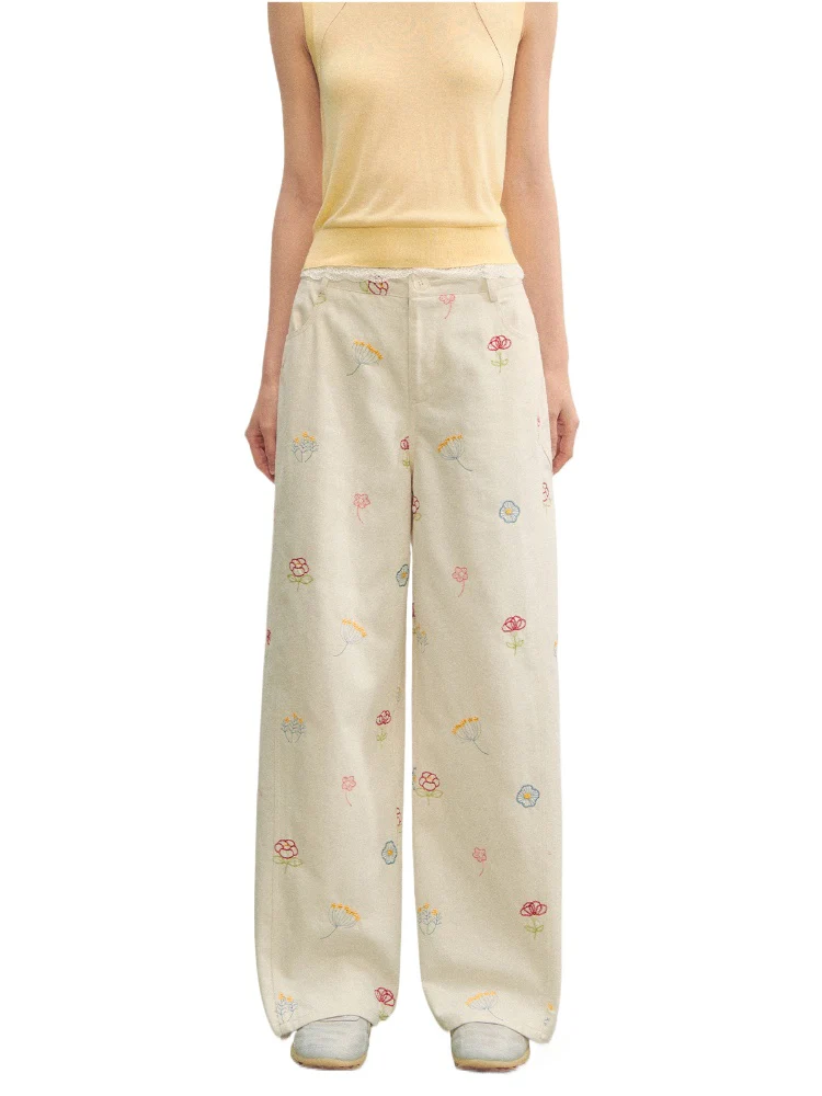 Floral Embroidered Casual Straight-leg Pants