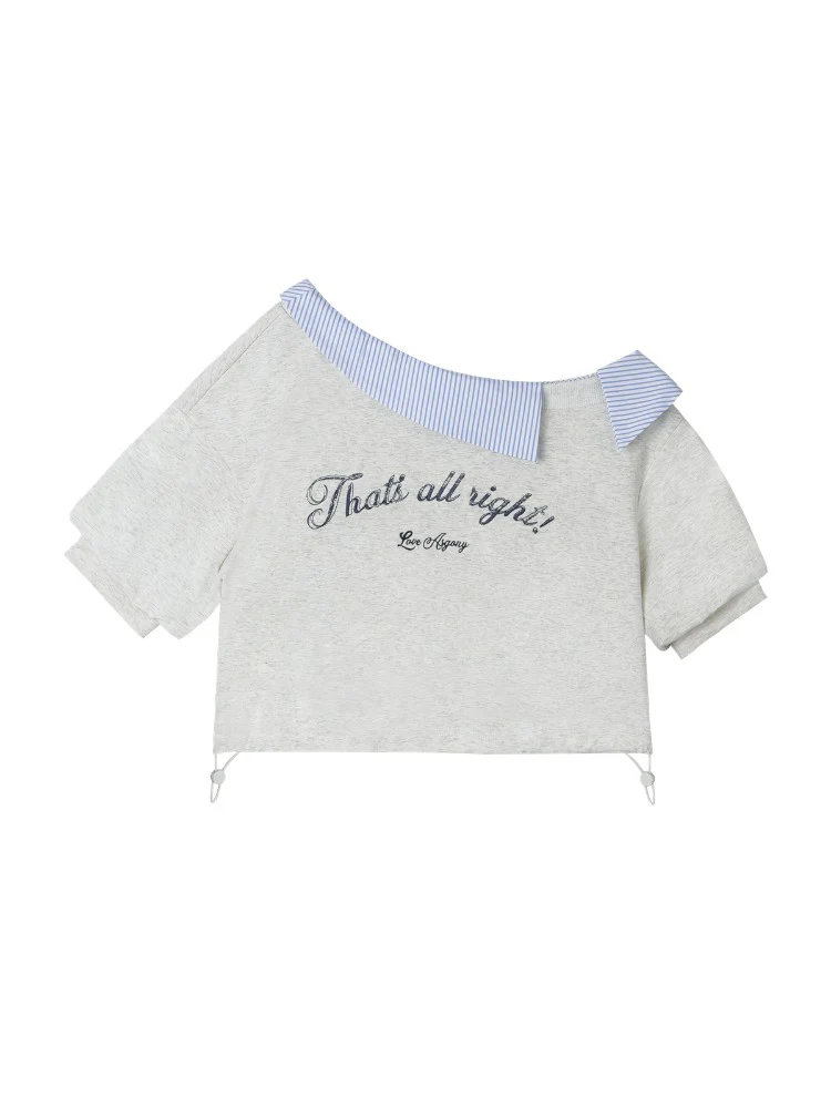 Grey Asymmetric Shoulder Striped Patchwork Short-Sleeve & Skirt Set