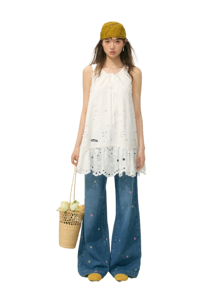 White 3D Embroidered Sleeveless Dress