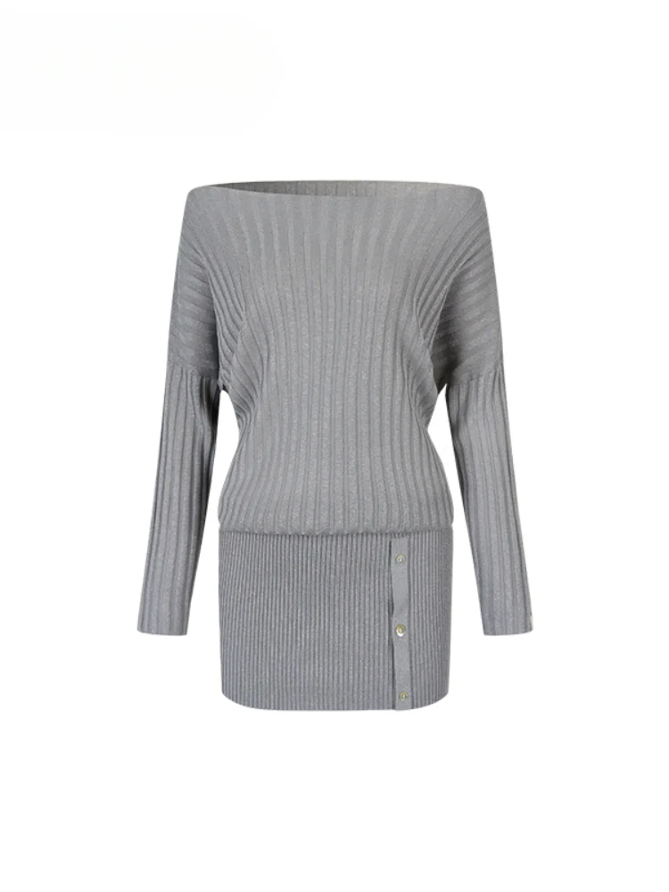 Off-Shoulder Slant Shoulder Button Dress