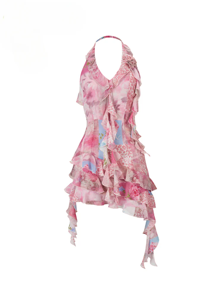 Irregular Neck Floral Waist-Defined Dress