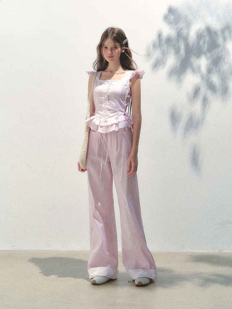 Pink Striped Flutter Sleeve Shirt