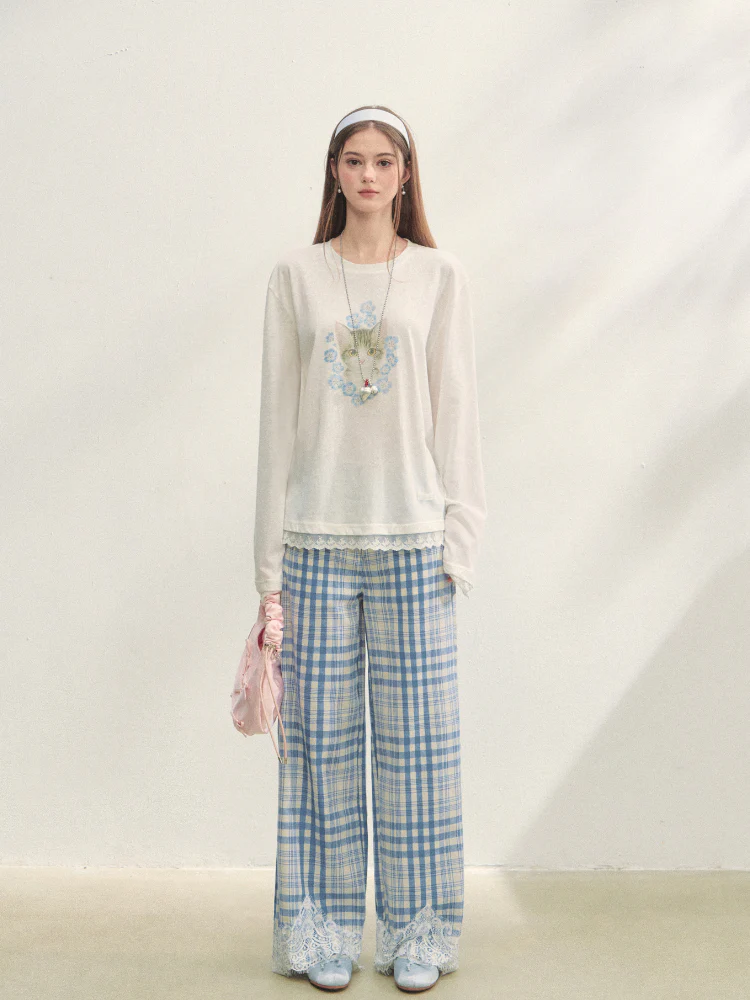 Lace Panel Checked Straight-Leg Pants