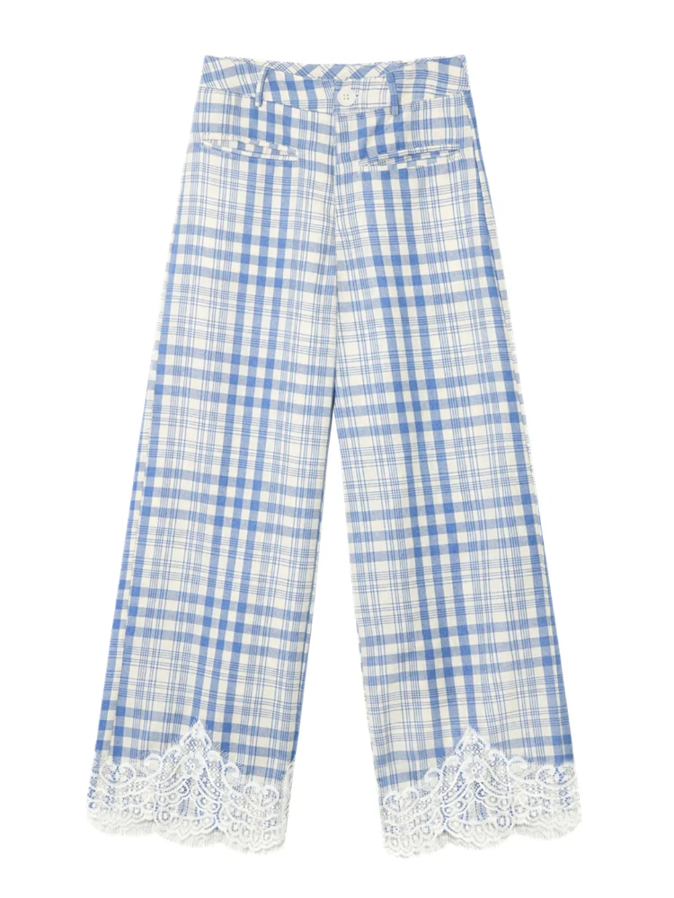 Lace Panel Checked Straight-Leg Pants