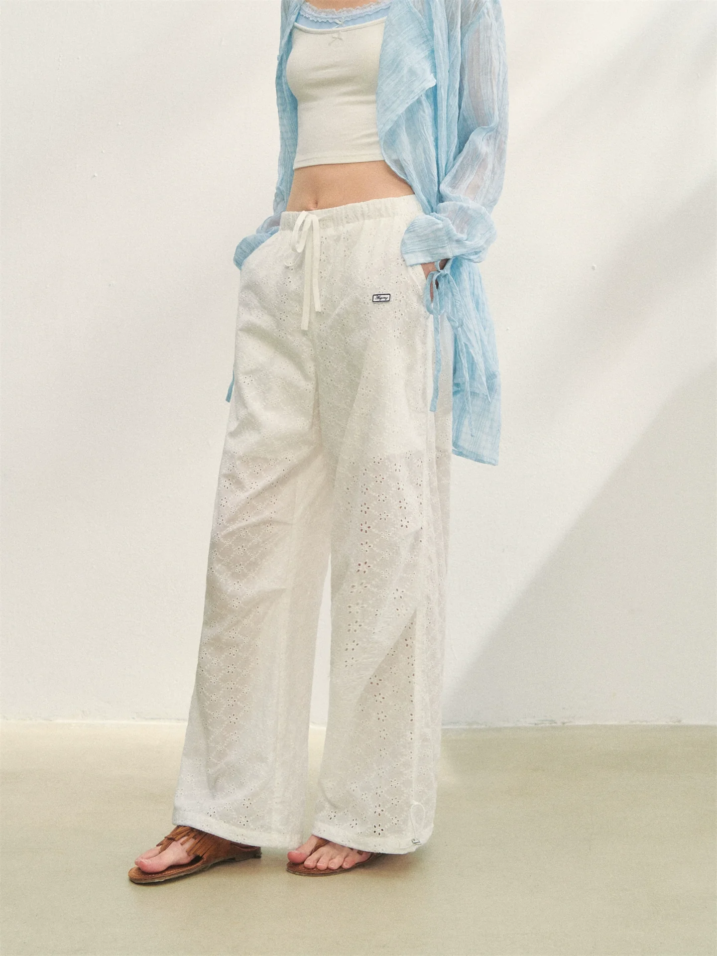 Hollow Embroidery Tie-up Casual Pants