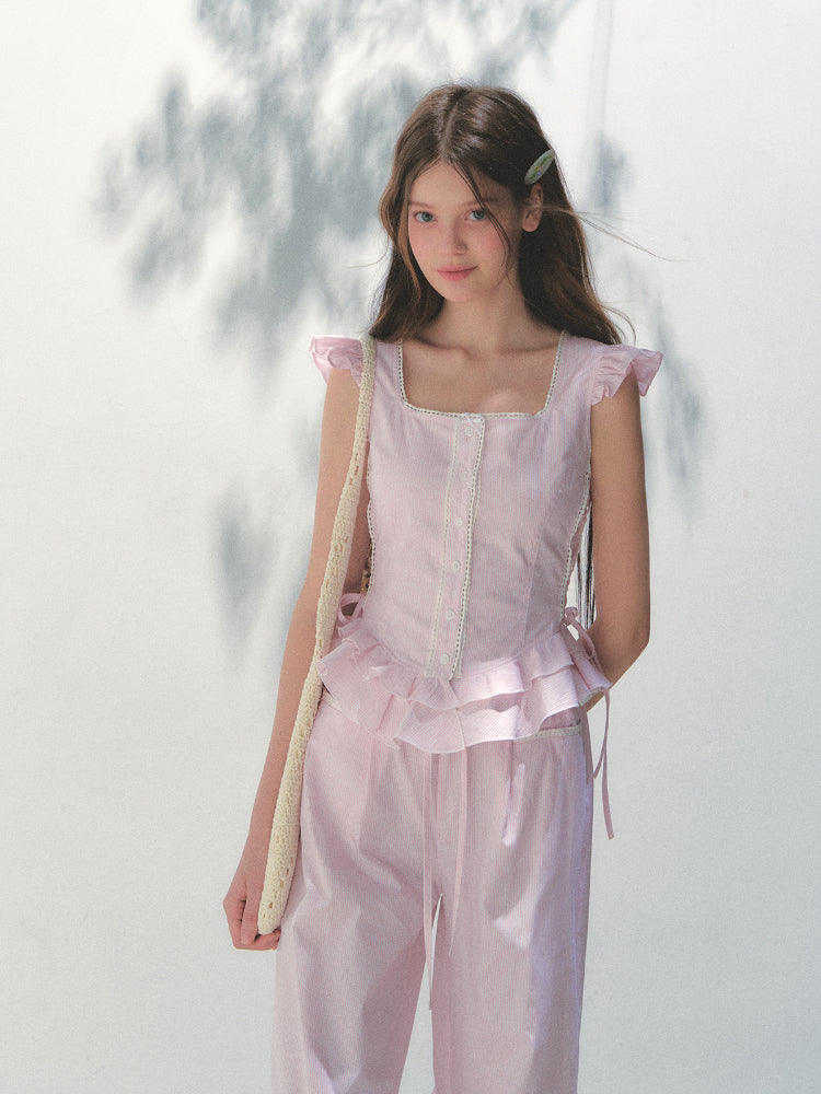 Pink Striped Flutter Sleeve Shirt