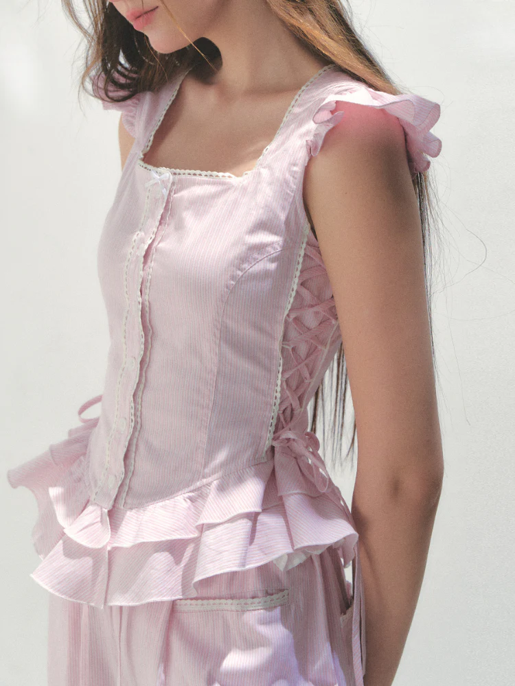 Pink Striped Flutter Sleeve Shirt